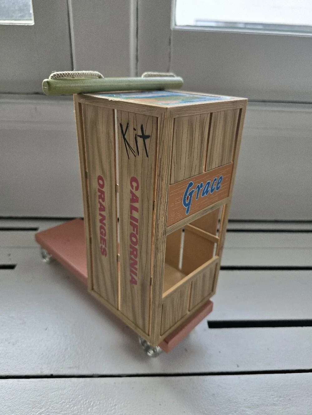 Vintage-Inspired Wooden Crate Toy Scooter with 'Grace' Sign